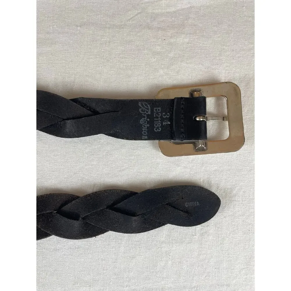 Vintage Brighton Black Woven Leather Belt 34 Silver Western Buckle
